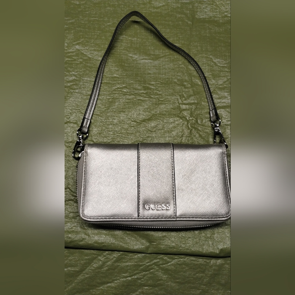Guess Women's Zip Around Wristlet Wallet metallic silver